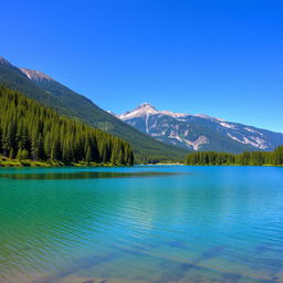 A beautiful landscape featuring a serene lake surrounded by lush green forests and majestic mountains in the background, with a clear blue sky overhead