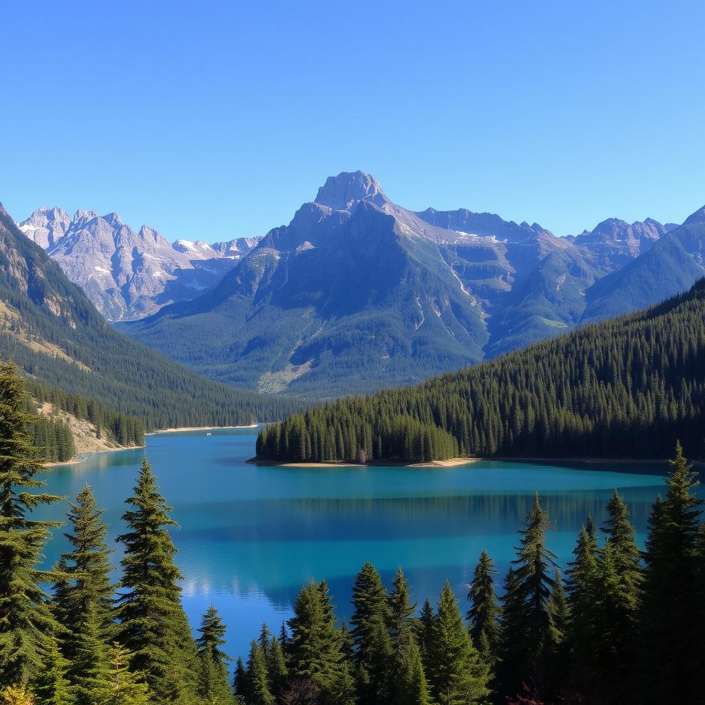 A beautiful landscape featuring a serene lake surrounded by lush green forests and majestic mountains in the background, with a clear blue sky overhead