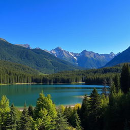 A beautiful landscape featuring a serene lake surrounded by lush green forests and majestic mountains in the background, with a clear blue sky overhead