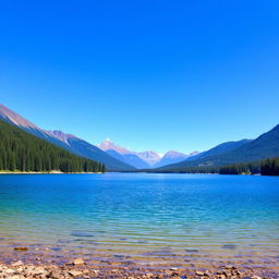 A beautiful landscape featuring a serene lake surrounded by lush green forests and majestic mountains in the background, with a clear blue sky overhead