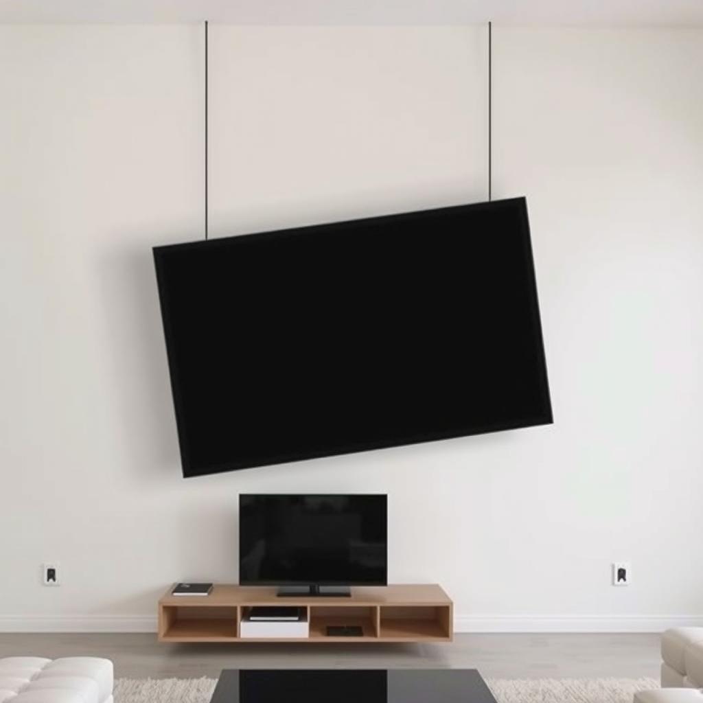 A large television is hanging unevenly on a wall