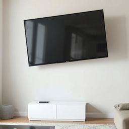 A large television is hanging unevenly on a wall