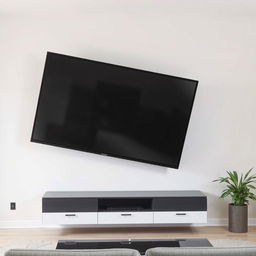 A large television is hanging unevenly on a wall