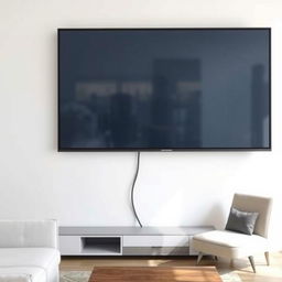 A large television is hanging unevenly on a wall