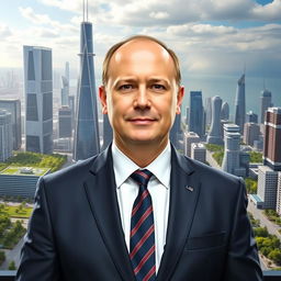 A deputy in a formal suit stands confidently in front of a futuristic cityscape, symbolizing the bright future they are building for Russia