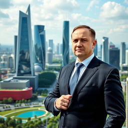 A deputy in a formal suit stands confidently in front of a futuristic cityscape, symbolizing the bright future they are building for Russia