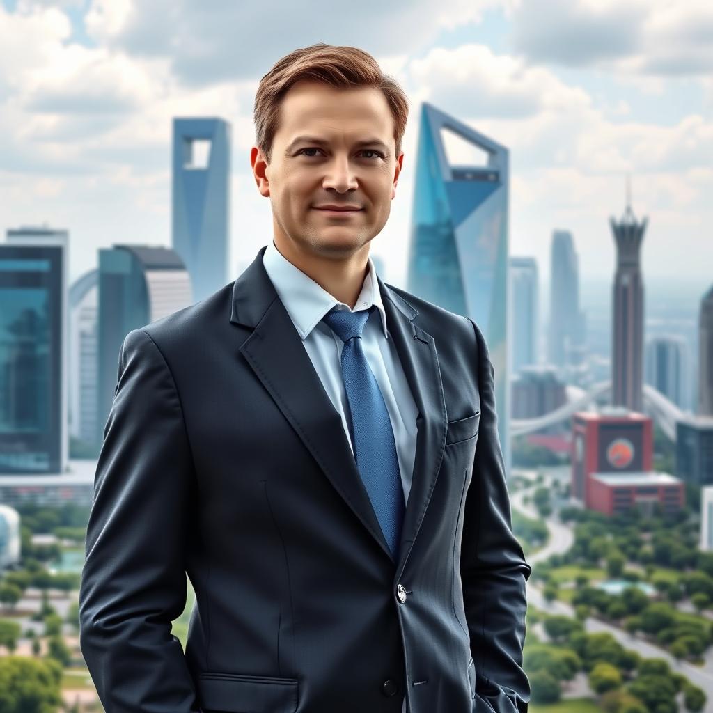 A deputy in a formal suit stands confidently in front of a futuristic cityscape, symbolizing the bright future they are building for Russia