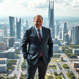 A deputy in a formal suit stands confidently in front of a futuristic cityscape, symbolizing the bright future they are building for Russia