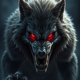 A powerful image of a werewolf with piercing red eyes