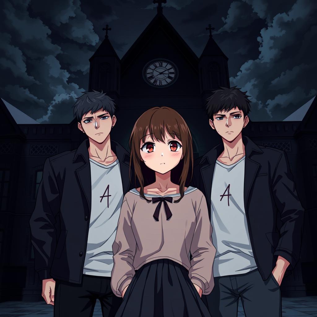 A dark, captivating anime-style book cover illustration features a high school romance plot with a timid brunette girl at the center