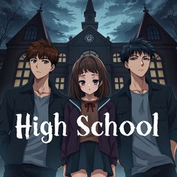 A dark, captivating anime-style book cover illustration features a high school romance plot with a timid brunette girl at the center