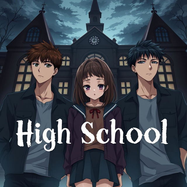 A dark, captivating anime-style book cover illustration features a high school romance plot with a timid brunette girl at the center