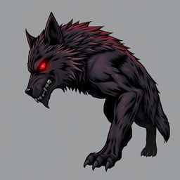 A side profile of a werewolf with glowing red eyes