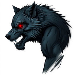 A side profile of a werewolf with glowing red eyes