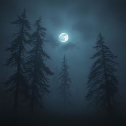 A dark, moody landscape featuring towering trees and a fog-covered ground