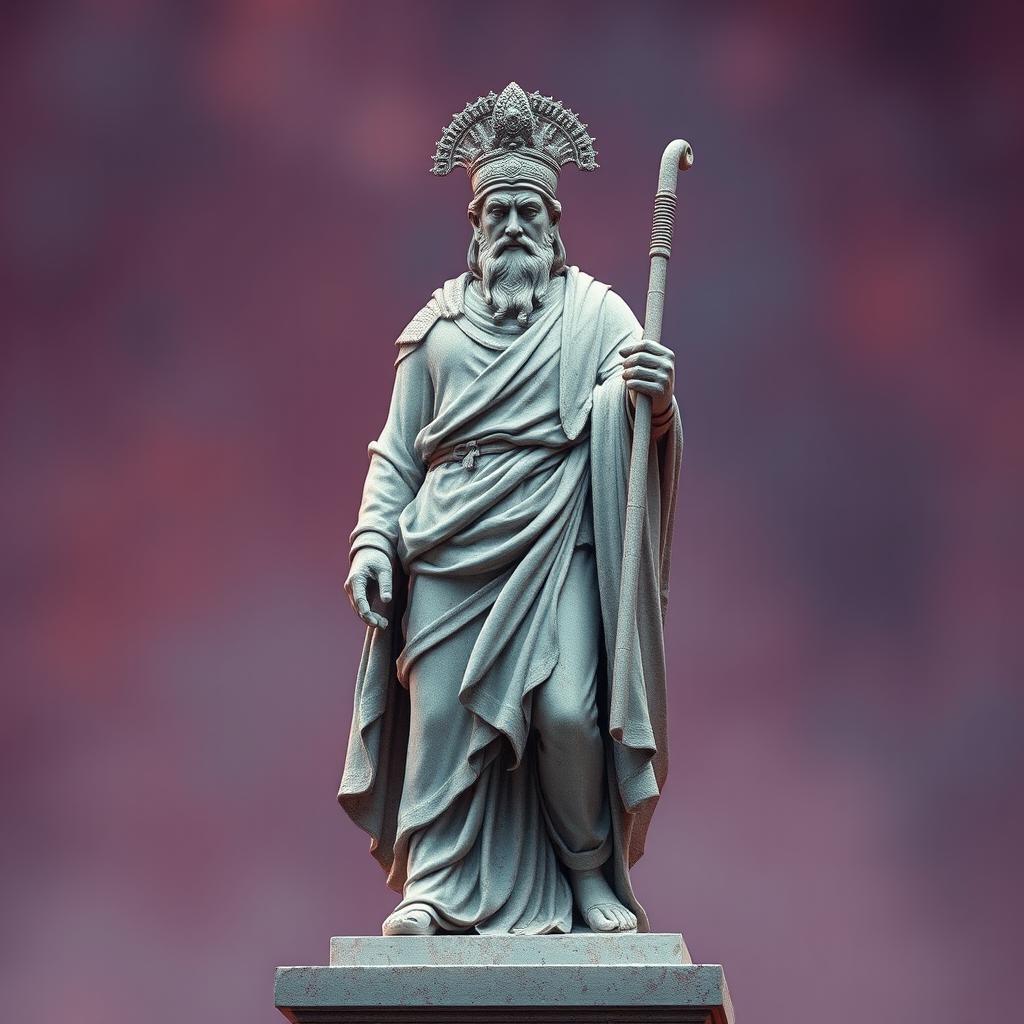 Create an image featuring a statue-like character from the Yunan or Roman era, embodying themes of education in Yunan's era, mystery of the world like quantum physics, ancient technology like robots from millions of years ago, and war in the Roman Empire