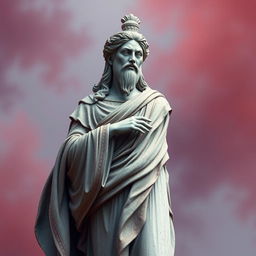 Create an image featuring a statue-like character from the Yunan or Roman era, embodying themes of education in Yunan's era, mystery of the world like quantum physics, ancient technology like robots from millions of years ago, and war in the Roman Empire