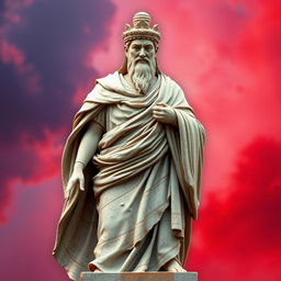 Create an image featuring a statue-like character from the Yunan or Roman era, embodying themes of education in Yunan's era, mystery of the world like quantum physics, ancient technology like robots from millions of years ago, and war in the Roman Empire