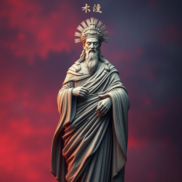 Create an image featuring a statue-like character from the Yunan or Roman era, embodying themes of education in Yunan's era, mystery of the world like quantum physics, ancient technology like robots from millions of years ago, and war in the Roman Empire