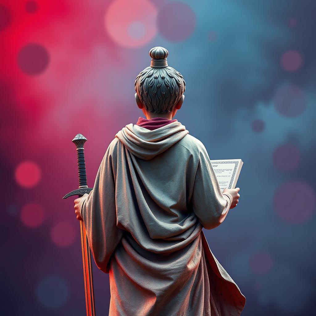 Create an image featuring a statue-like teenage character from the Yunan or Roman era, seen from behind