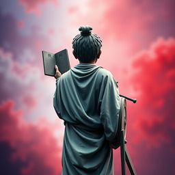 Create an image featuring a statue-like teenage character from the Yunan or Roman era, seen from behind