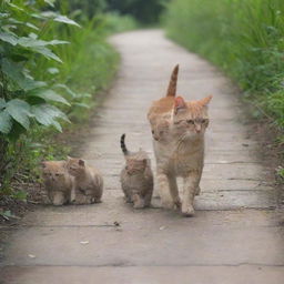 The mother cat leading her playful kittens on a pathway back to their cozy home