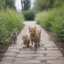 The mother cat leading her playful kittens on a pathway back to their cozy home