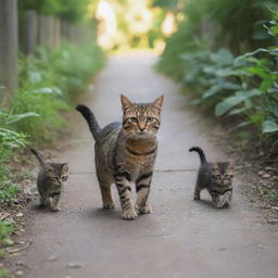 The mother cat leading her playful kittens on a pathway back to their cozy home