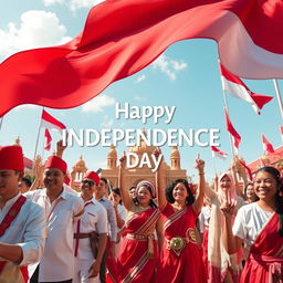 An artistic representation of Indonesia's Independence Day, featuring the red and white Indonesian flag, traditional clothing, and cultural elements