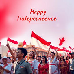 An artistic representation of Indonesia's Independence Day, featuring the red and white Indonesian flag, traditional clothing, and cultural elements