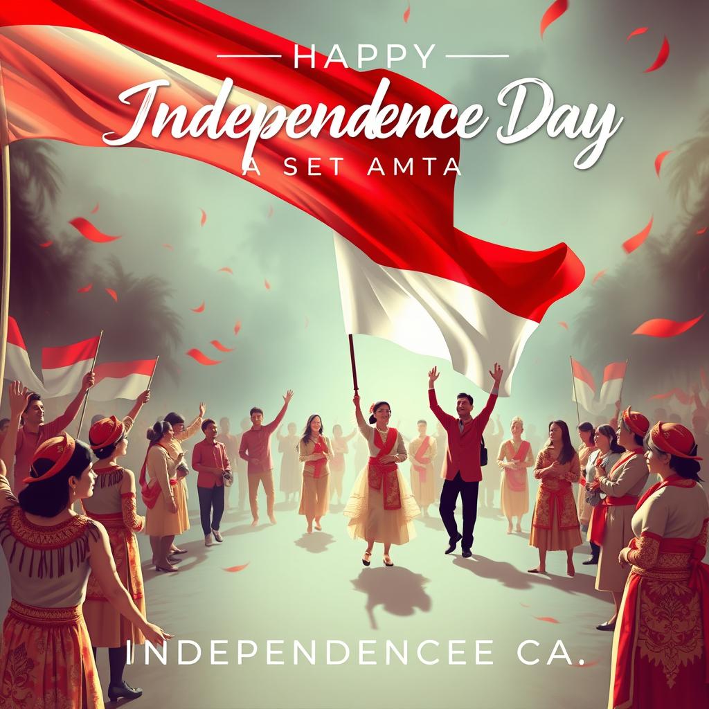 An artistic representation of Indonesia's Independence Day, featuring the red and white Indonesian flag, traditional clothing, and cultural elements