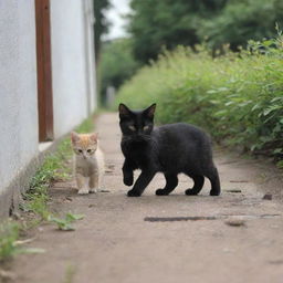 The mother cat leading her playful kittens on a pathway back to their cozy home