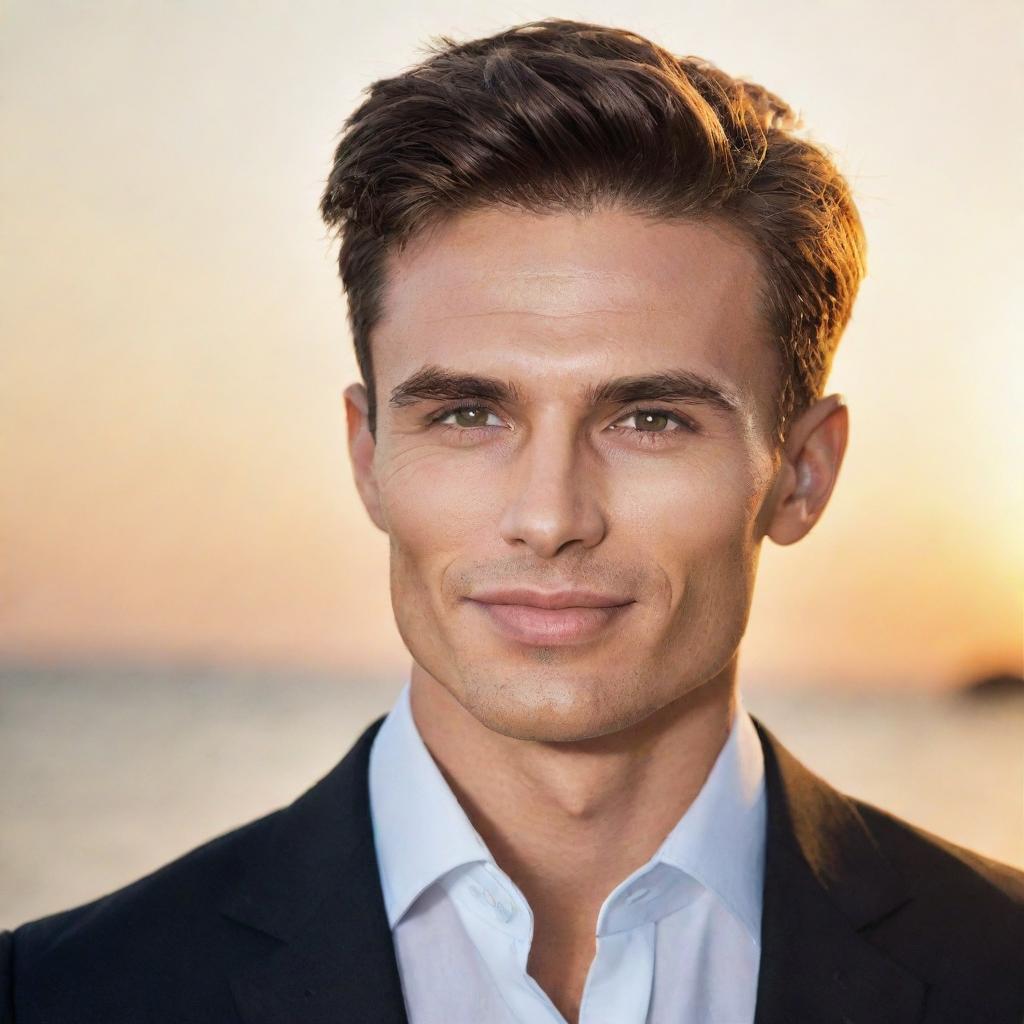 Enhance the man's allure further by refining his features - sharp jawline, sculpted cheekbones, entrancing eyes and a charismatic smile. His handsome quality is now mesmerizing under the glow of the setting sun.