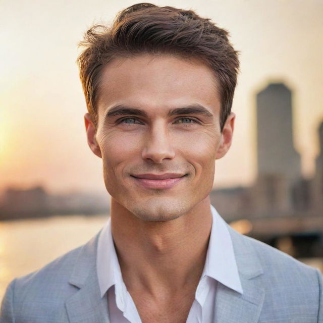 Enhance the man's allure further by refining his features - sharp jawline, sculpted cheekbones, entrancing eyes and a charismatic smile. His handsome quality is now mesmerizing under the glow of the setting sun.