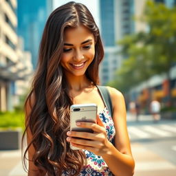 A beautiful girl with long dark wavy hair stands in the city and looks at the phone screen, smiling in surprise