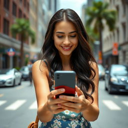 A beautiful girl with long dark wavy hair stands in the city and looks at the phone screen, smiling in surprise