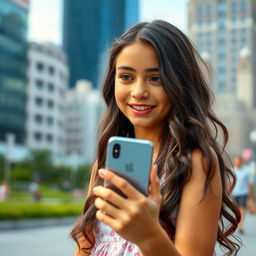 A beautiful girl with long dark wavy hair stands in the city and looks at the phone screen, smiling in surprise