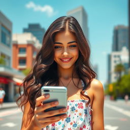 A beautiful girl with long dark wavy hair stands in the city and looks at the phone screen, smiling in surprise