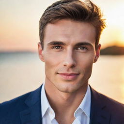 Enhance the man's allure further by refining his features - sharp jawline, sculpted cheekbones, entrancing eyes and a charismatic smile. His handsome quality is now mesmerizing under the glow of the setting sun.