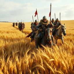 A group of warriors riding through vast fields of barley