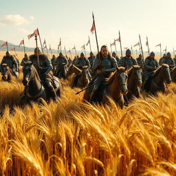 A group of warriors riding through vast fields of barley