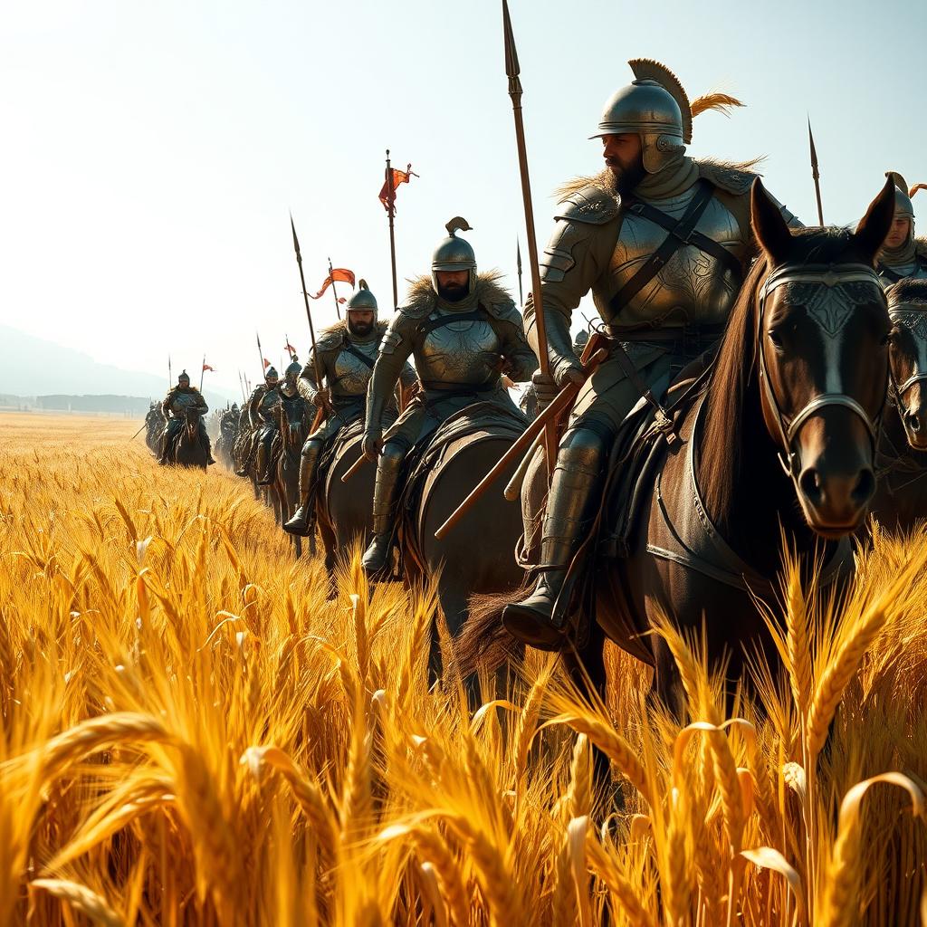 A group of warriors riding through vast fields of barley