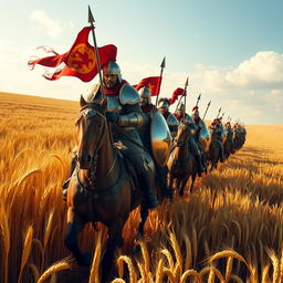 A group of warriors riding through vast fields of barley