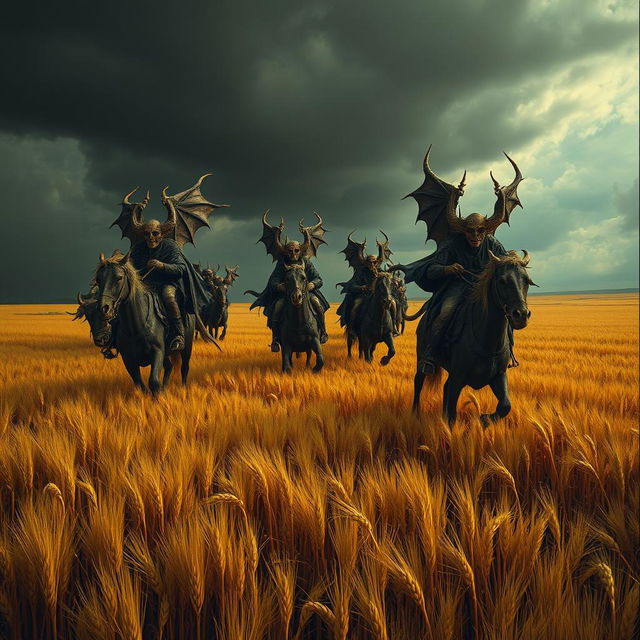 A group of demons riding through vast fields of barley