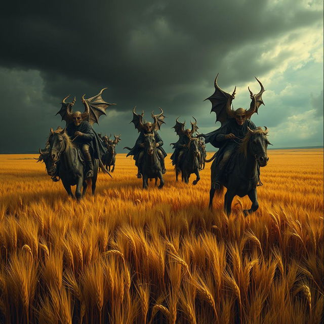 A group of demons riding through vast fields of barley