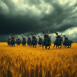 A group of demons riding through vast fields of barley