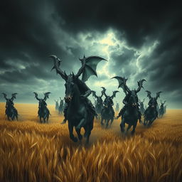 A group of demons riding through vast fields of barley