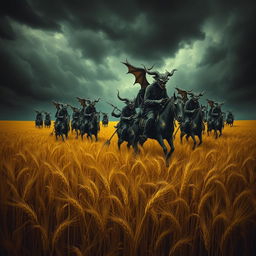 A group of demons riding through vast fields of barley