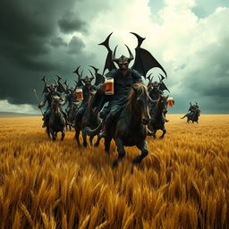 A group of demons riding through vast fields of barley, stopping to drink beer