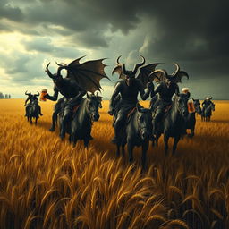 A group of demons riding through vast fields of barley, stopping to drink beer